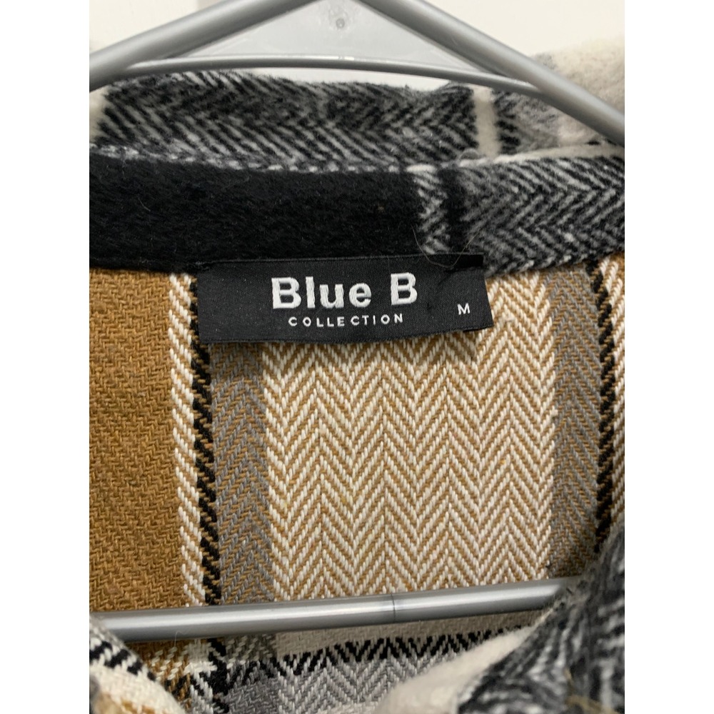 Blue B Collection Plaid Shacket Tan Black White Frayed Hem Mixed Print Medium - Picture 3 of 4